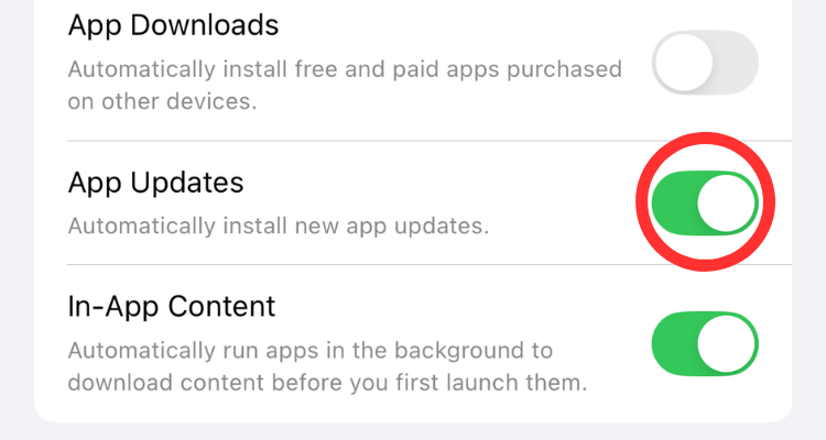 Screenshot of the App Updates toggle in the App Store settings menu.