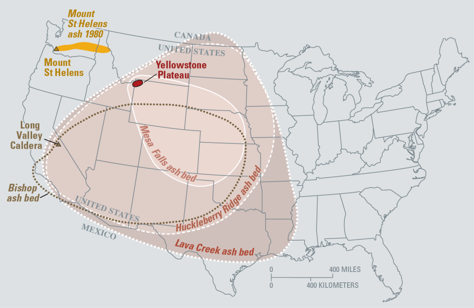 Map showing extent of ashfall from eruptions.