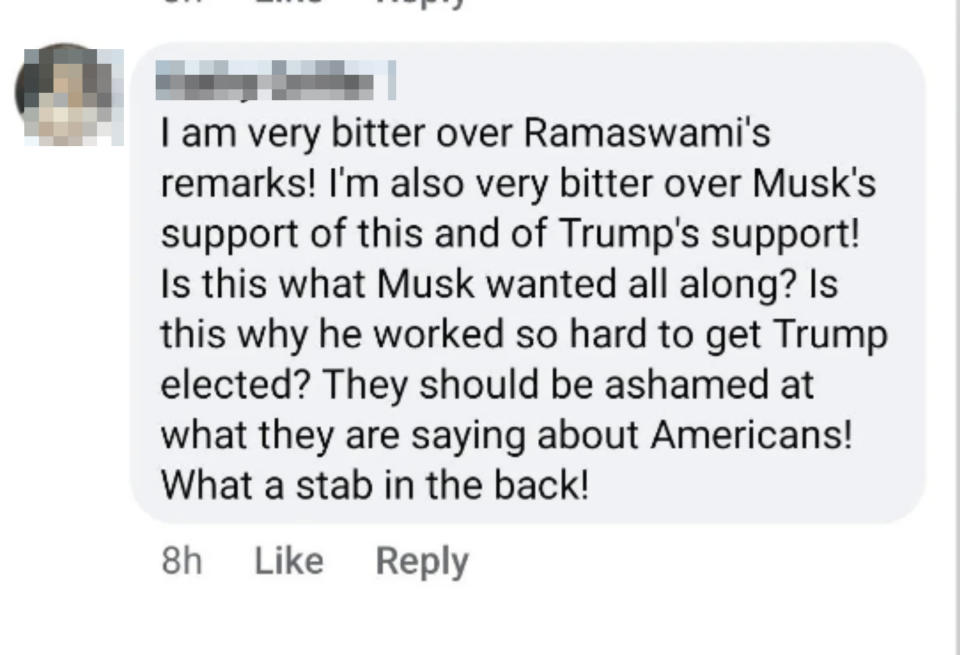 Comment by Kathy Griffin expressing frustration over remarks about Ramaswami, Musk, and Trump, calling it a betrayal of Americans