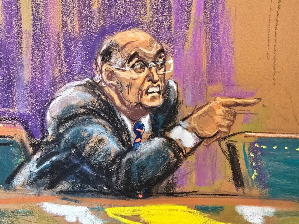 Rudy Giuliani gestures during a hearing in his case over the handover of property to two Georgia election workers he was found to have defamed, in New York City on November 26, 2024 in this courtroom sketch. (REUTERS)