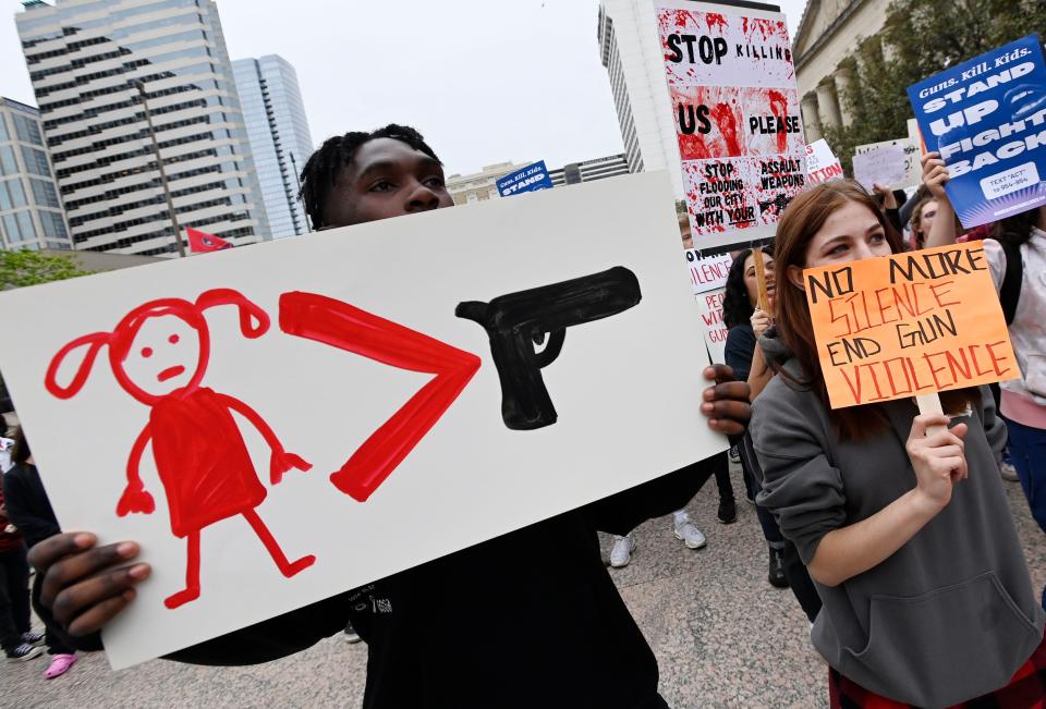 Students demonstrate against gun violence and call for gun law reform during The March For Our Lives walkout at the state capitol Monday, April 3, 2023, in Nashville, Tenn. The group is demanding tougher gun control laws on the one-week anniversary of the mass shooting at Covenant School during which three students and three adults were killed.