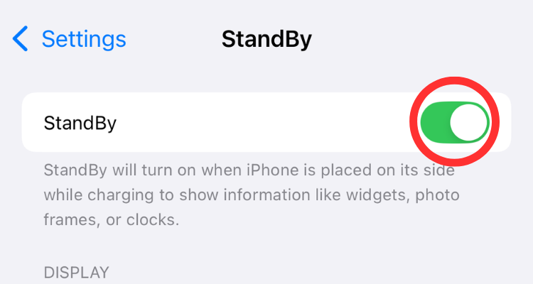 Screenshot of the StandBy Mode toggle in the Settings menu on iPhone.