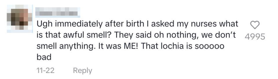 Comment about postpartum experience, mentioning an unpleasant smell and lochia