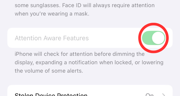 Screenshot of the Attention Aware Features' toggle in the Face ID &amp; Attention menu.