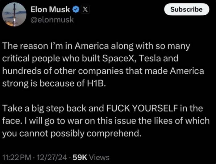 Elon Musk tweet criticizing U.S. H1B policies, stating he will strongly oppose them