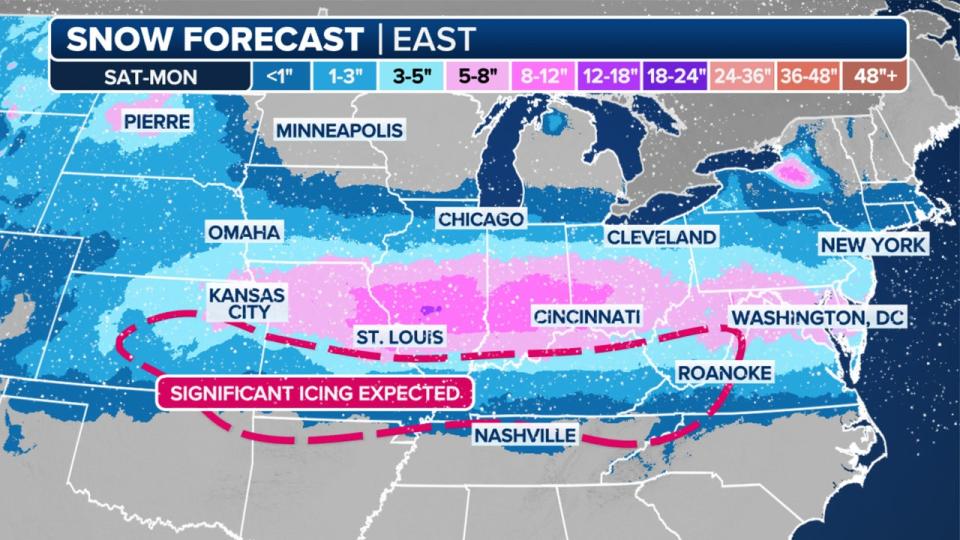 <div>This graphic shows the snow potential in the East through Monday. <strong>(FOX Weather)</strong></div>