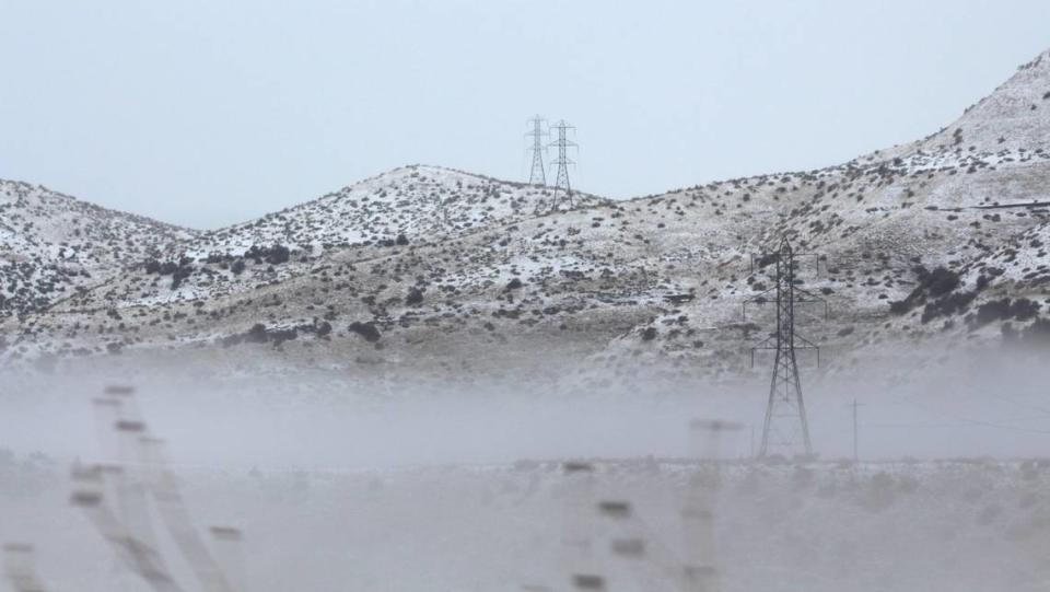 Snow and fog shroud Bogus Basin Road late Wednesday afternoon.