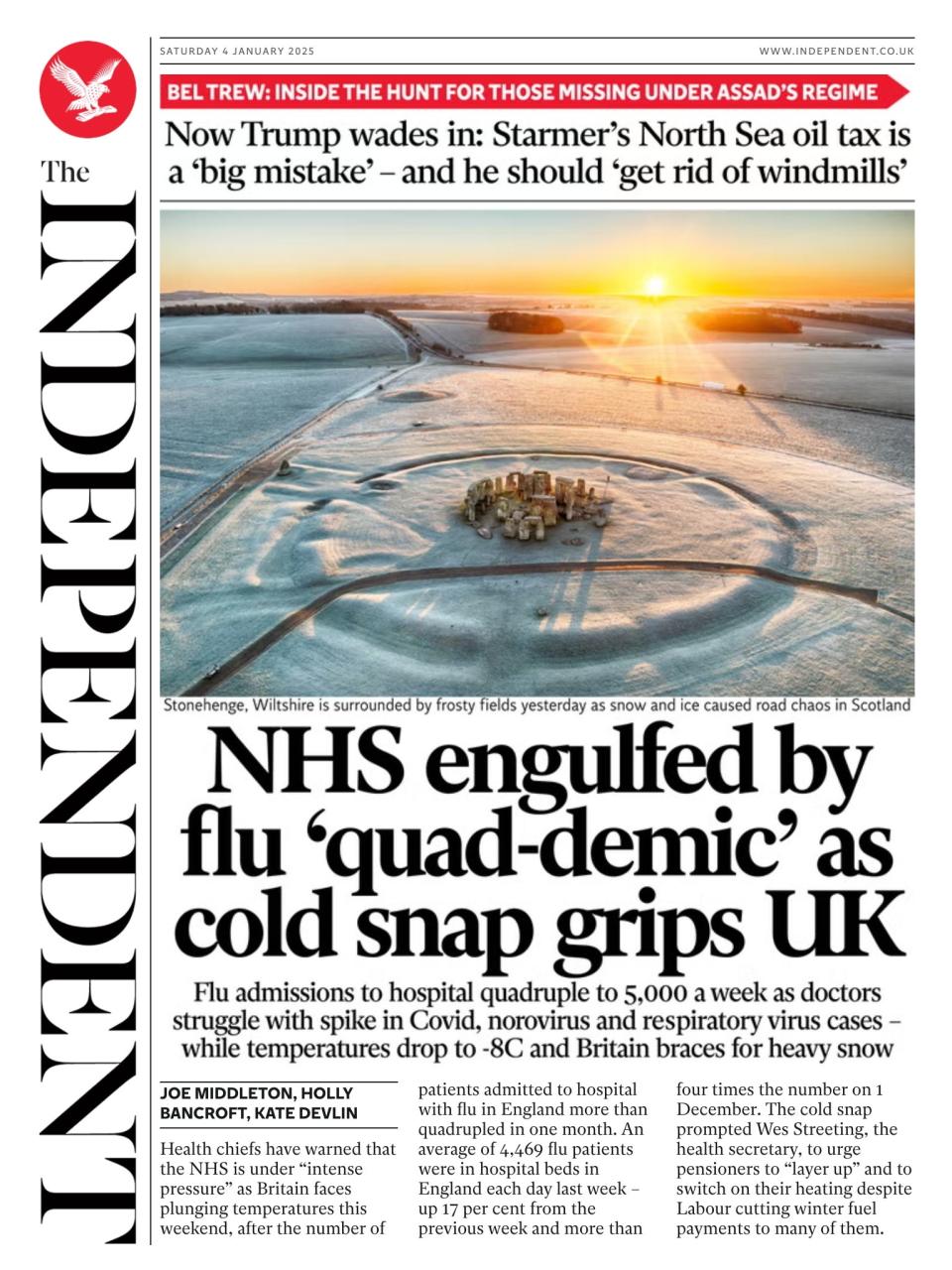 The Independent’s front page on Saturday 4 January (The Independent)