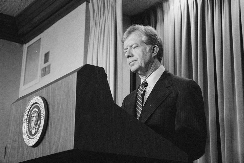 U.S. President Jimmy Carter announces new sanctions against Iran in retaliation for taking U.S. hostages, at the White House in Washington, U.S. April 7, 1980.