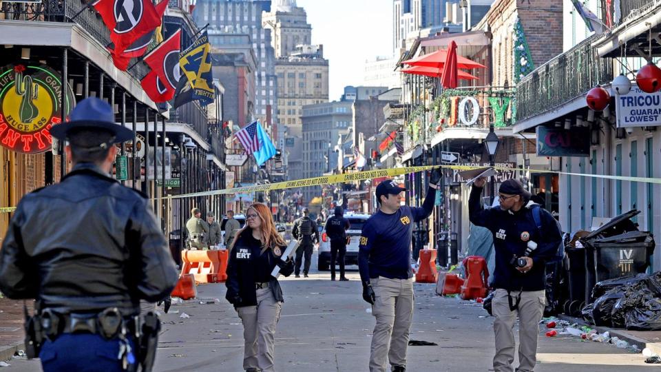 PHOTO: Law enforcement officers from multiple agencies work the scene on Bourbon Street after a person allegedly drove into the crowd in the early morning hours of New Year&#39;s Day on January 1, 2025 in New Orleans, Louisiana. (Michael Democker/Getty Images)