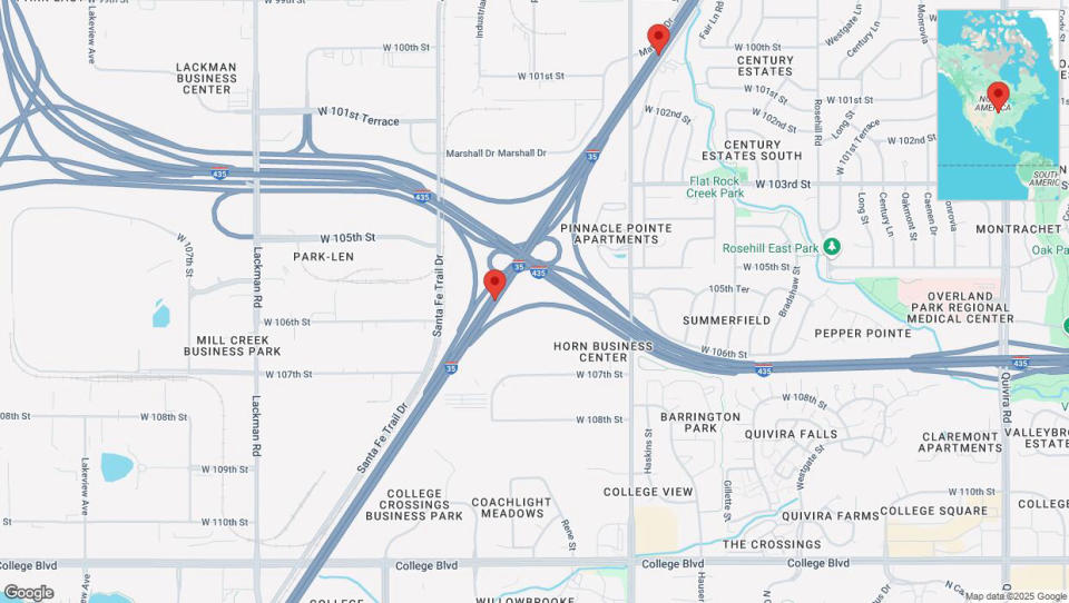 A detailed map that shows the affected road due to &#39;Reports of a crash on eastbound I-35&#39; on January 3rd at 11:56 p.m.