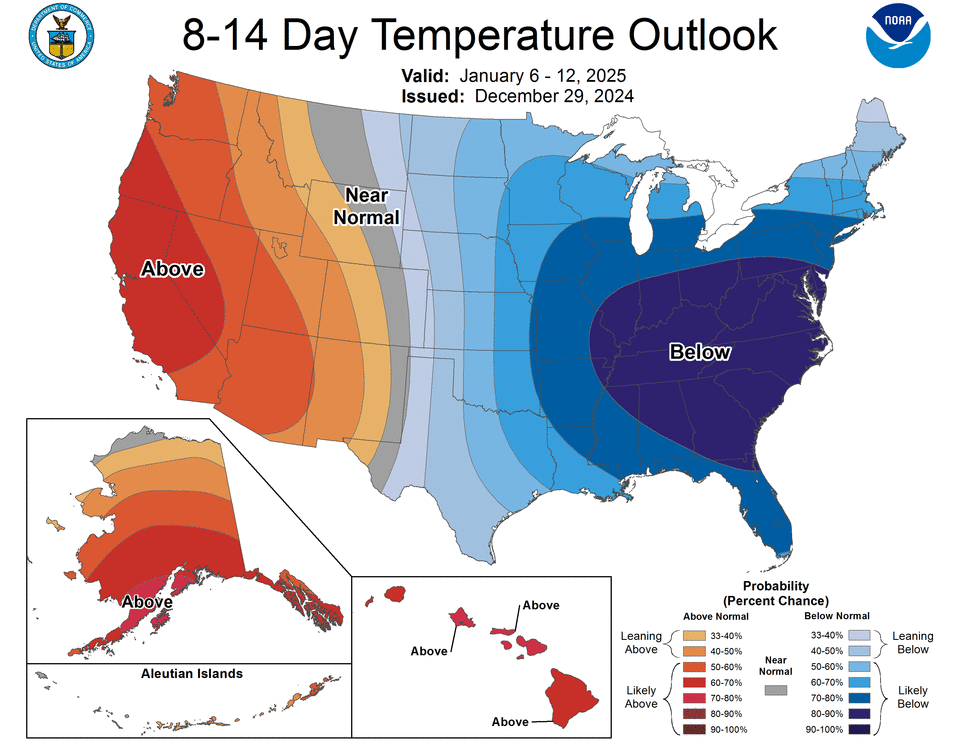 Temperature forecast for Jan. 6-12, 2025.