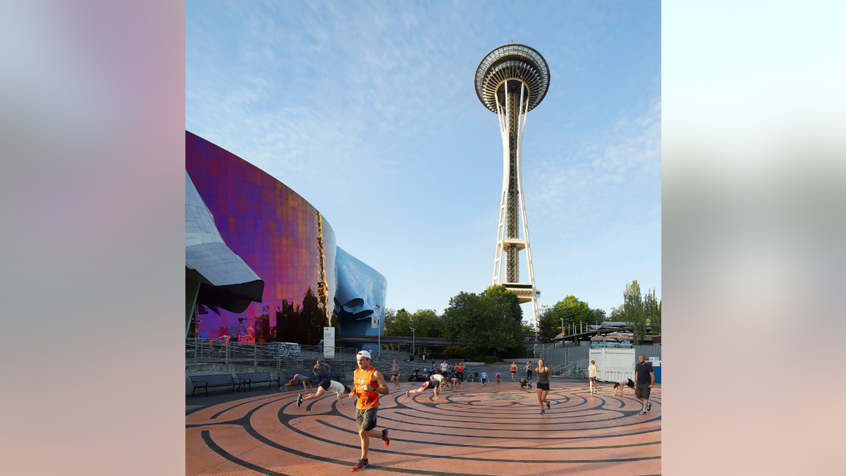 Seattle space needle seen looking up from ground