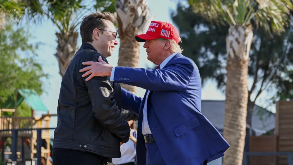 President-elect Donald Trump greets SpaceX CEO Elon Musk at a test flight of the Starship rocket on Nov. 19, 2024, in Brownsville, Texas.