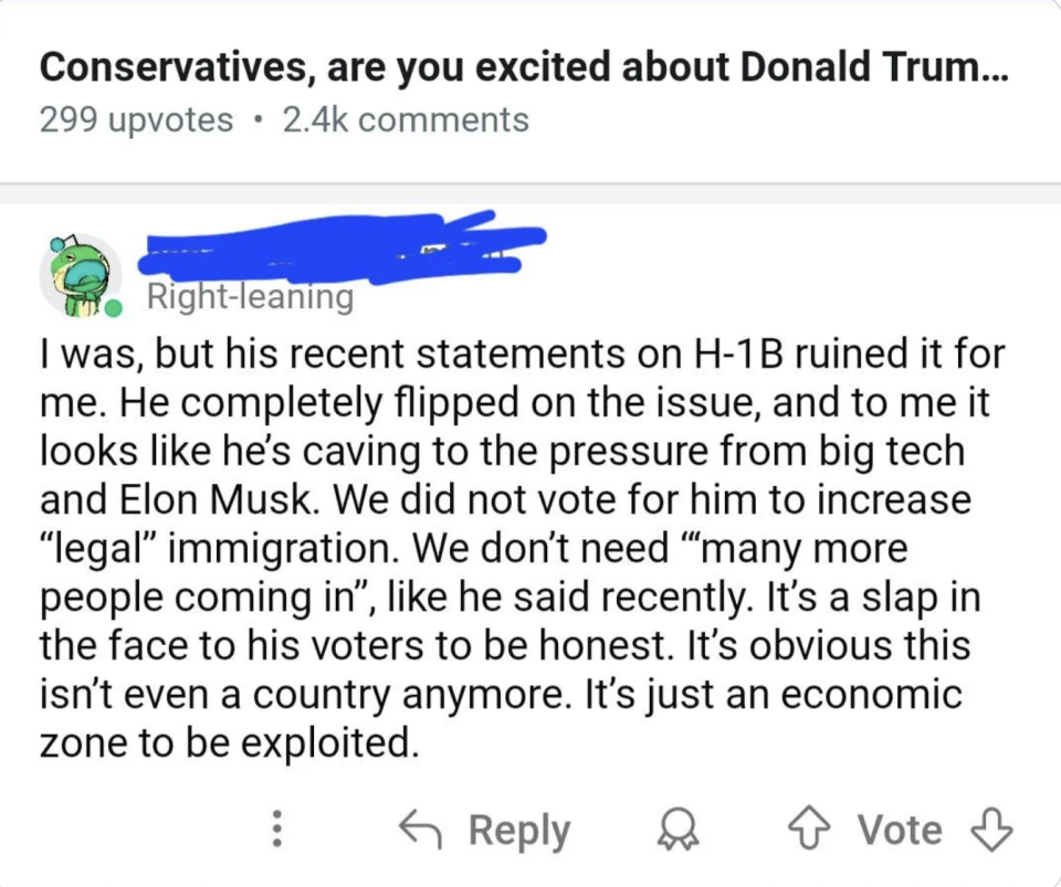 A conservative user expresses disappointment over Donald Trump's recent statements on immigration and suggests he's influenced by big tech