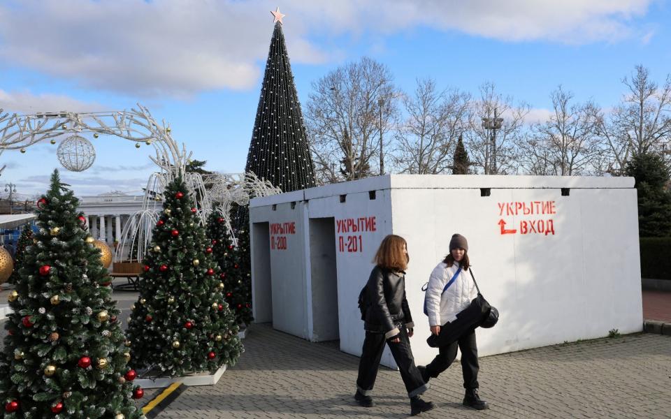 Christmas trees adorn a bomb shelter in Sevastopol, Crimea, last month