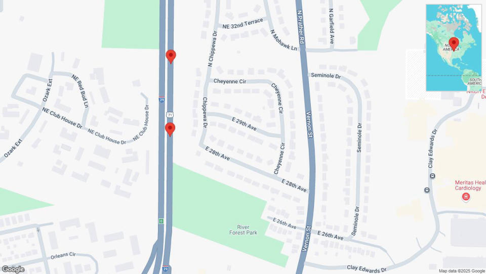 A detailed map that shows the affected road due to &#39;Broken down vehicle on northbound I-29/I-35 in Kansas City&#39; on January 4th at 3:16 a.m.