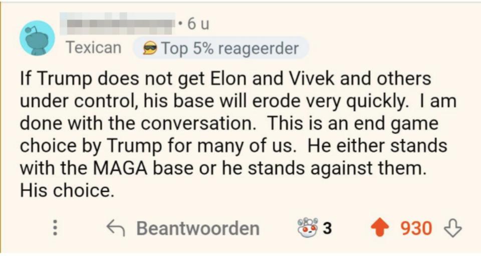 Reddit comment discussing Elon Musk and political choices, emphasizing that Trump's decisions with key figures will impact his support