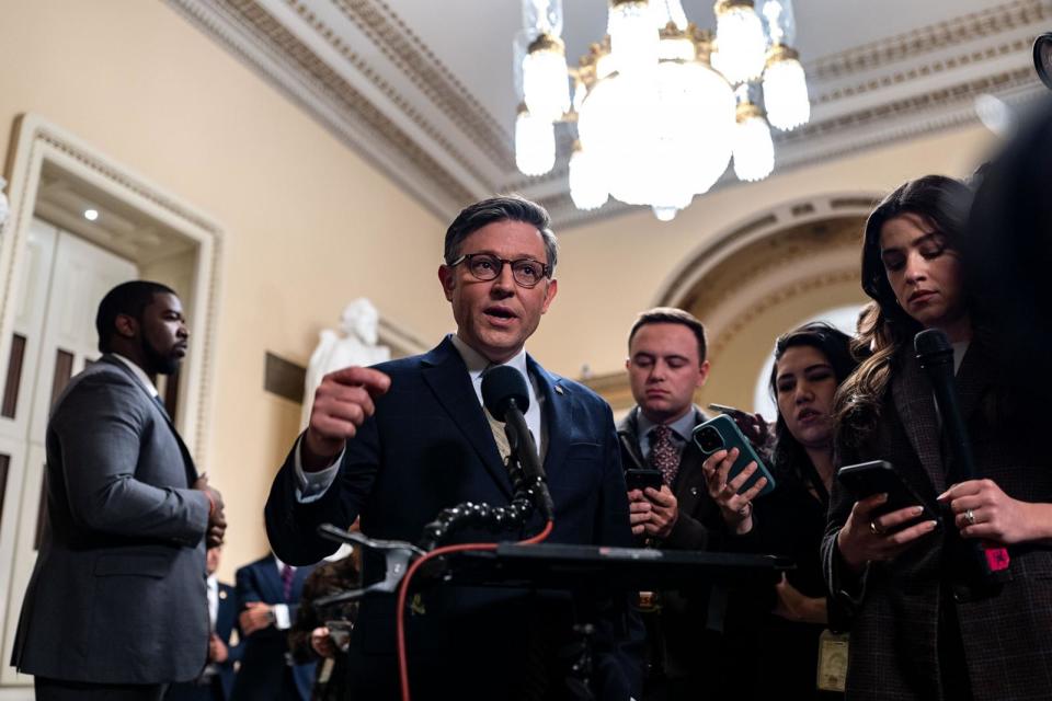 PHOTO: Speaker of the House Mike Johnson (R-LA) speaks to the press at the U.S. Capitol on Dec. 20, 2024 in Washington, D.C. (Kent Nishimura/Getty Images)