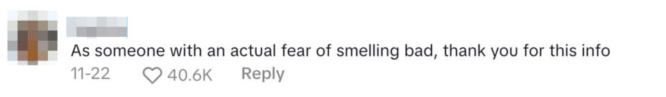 Comment by Sophie expressing gratitude for information due to a fear of smelling bad. Date: 11-22 with a heart count of 40.6K
