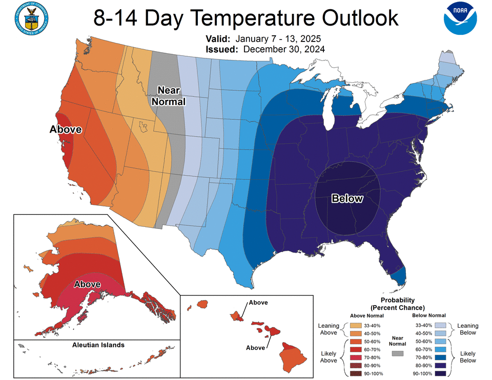 Temperature outlook from Jan. 7 to Jan. 13, 2025.