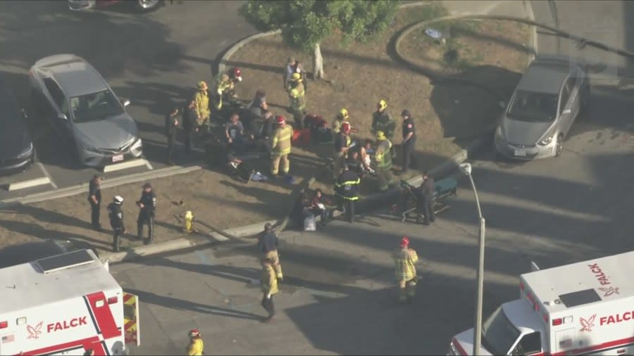 First responders treat an undetermined amount of injured after a plane crashed in a Fullerton warehouse Thursday afternoon, Jan. 2, 2025. (KTLA)