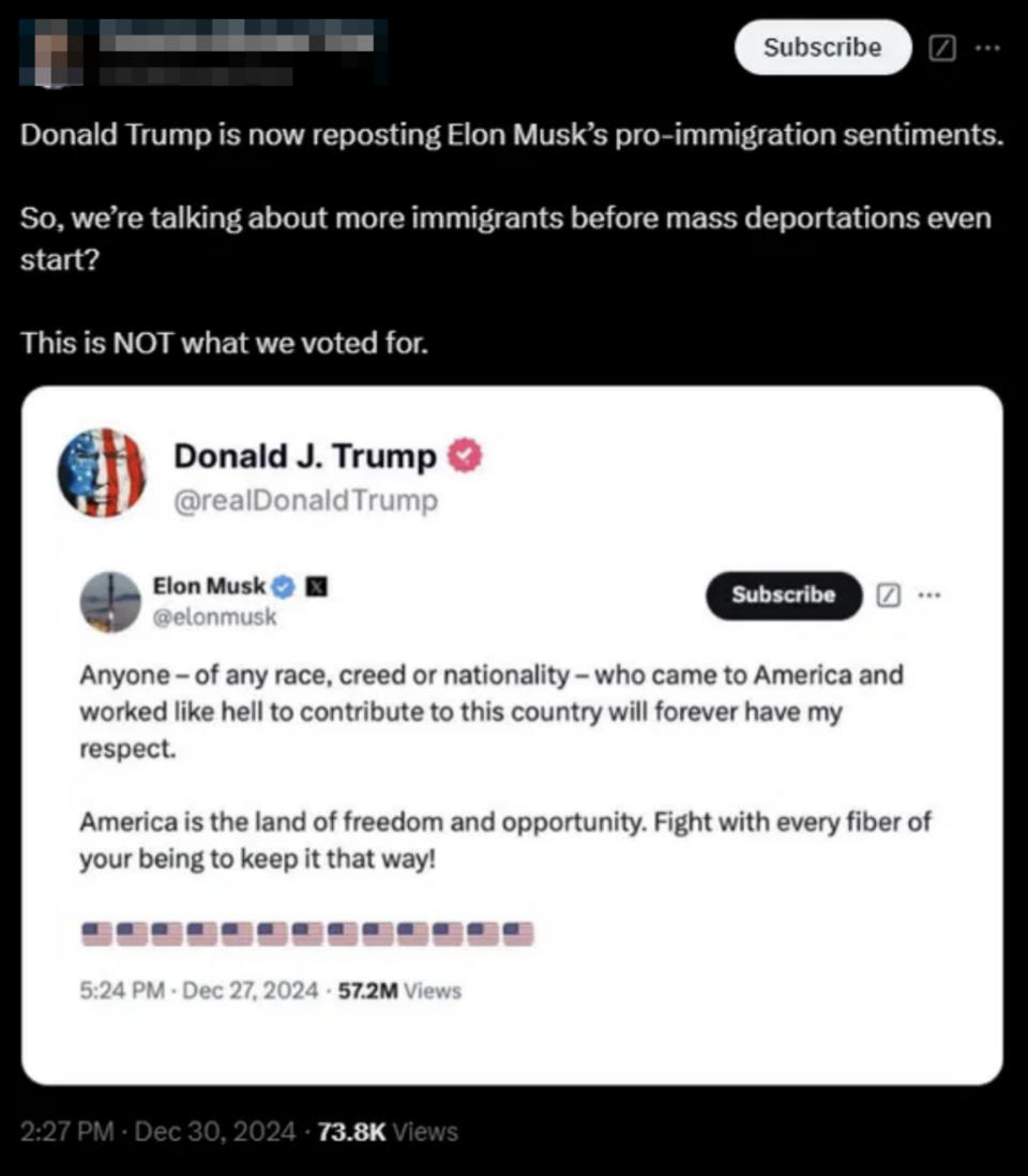 Screenshot of a tweet discussing Donald Trump's reposting of Elon Musk's pro-immigration stance and public reaction, with emphasis on voting