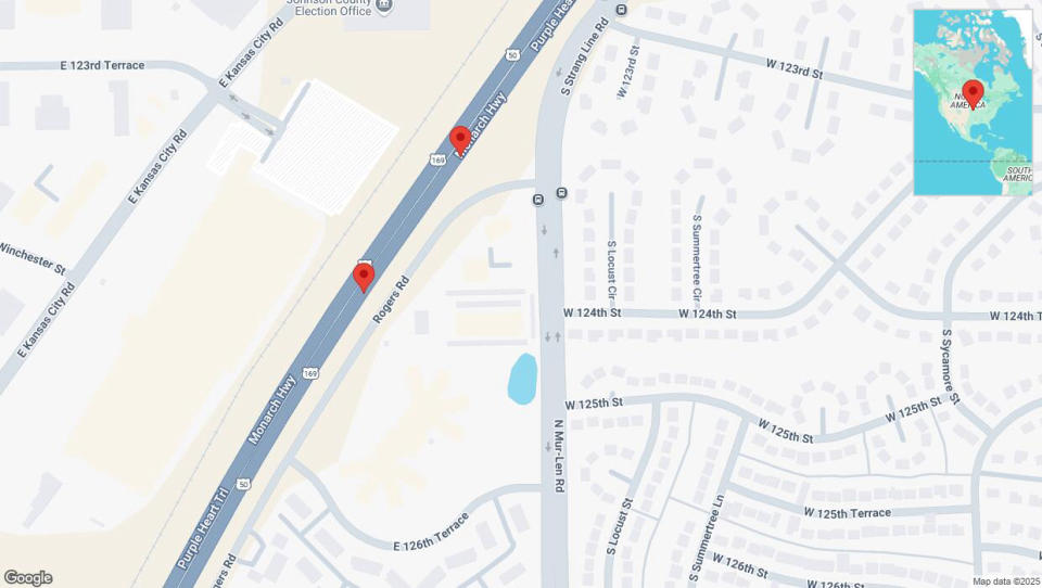 A detailed map that shows the affected road due to &#39;Broken down vehicle on eastbound I-35 in Olathe&#39; on January 3rd at 6:26 p.m.