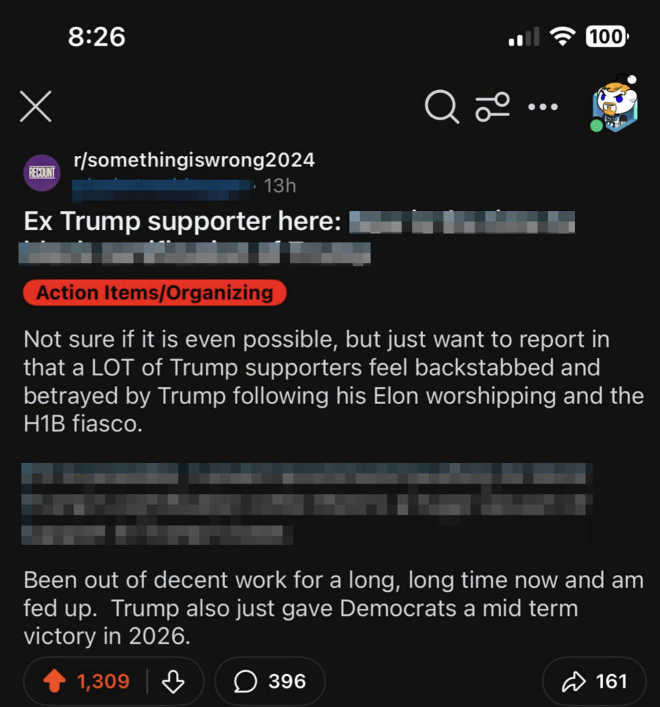 Reddit post discussing dissatisfaction of former Trump supporters, urging action to block Trump’s certification, and mentioning voter trends for 2026