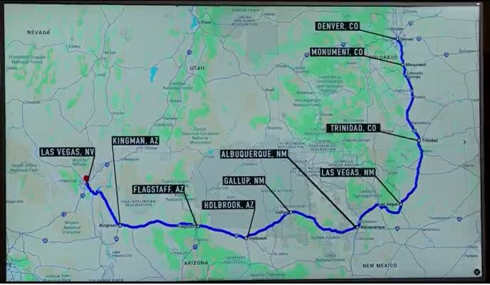 Matthew Livelsberger’s route to Las Vegas, with stops at charging stations. (Las Vegas Metropolitan Police Department/FBI/ATF)