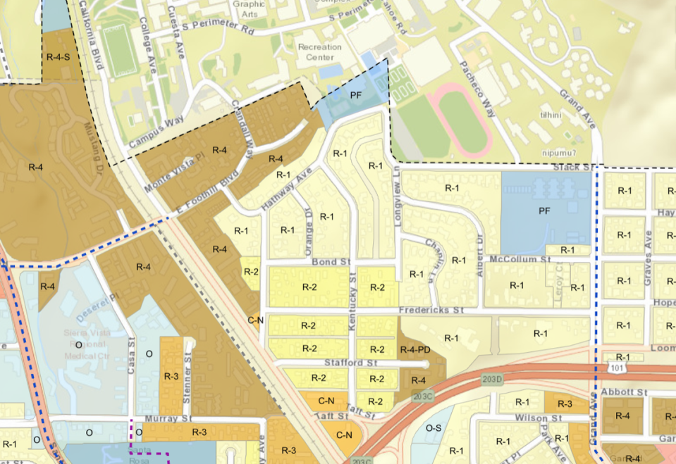 Neighbors say fraternities have been operating illegally in family neighborhoods adjacent to Cal Poly. This map shows where the single-family neighborhoods (R-1 and R-2 zones) are located compared to the high-density areas (R-3 and R-4 zones) in the area adjacent to the university.