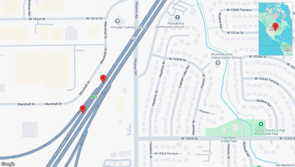 A detailed map that shows the affected road due to &#39;Crash update: I-35&#39; on January 3rd at 8:38 p.m.