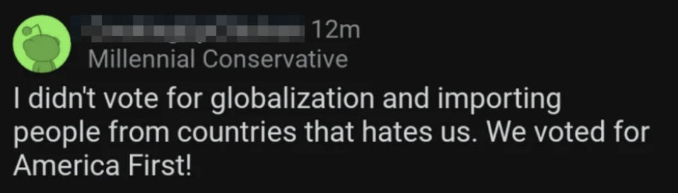 Comment on globalization: &quot;I didn't vote for globalization and importing people from countries that hates us. We voted for America First!&quot;