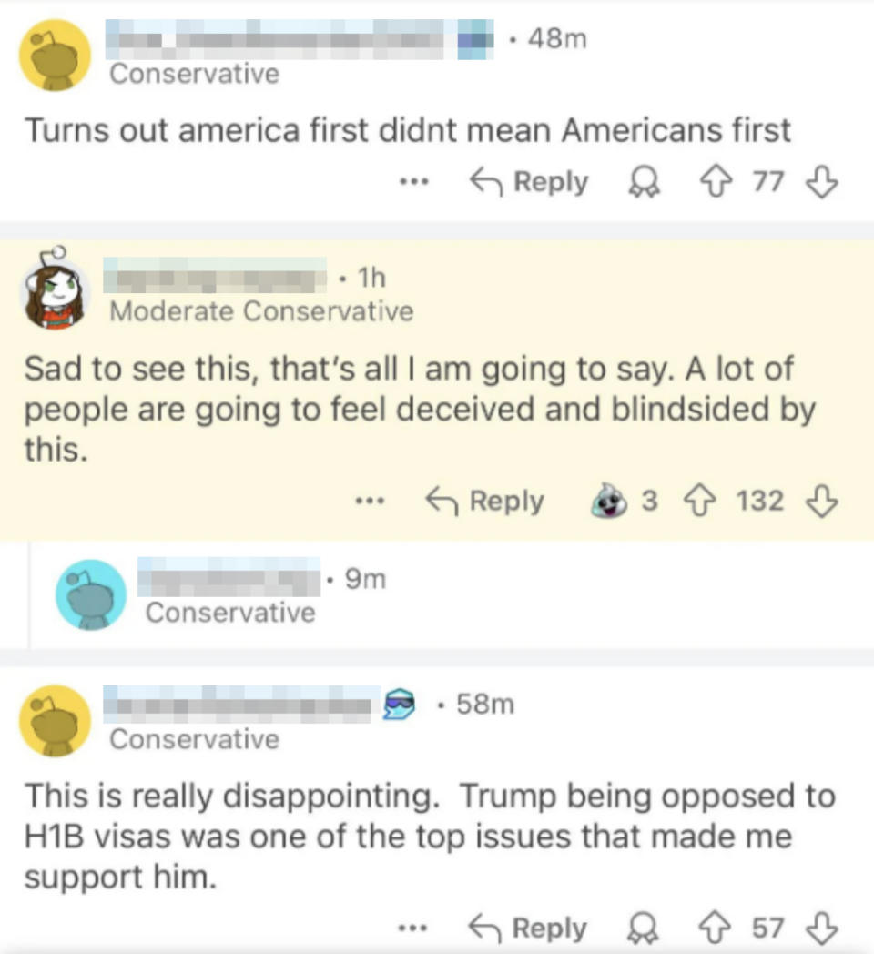 Screenshot of Reddit comments discussing disappointment in political actions, such as Trump’s H1B visa stance contrasting with &quot;America First&quot; slogan