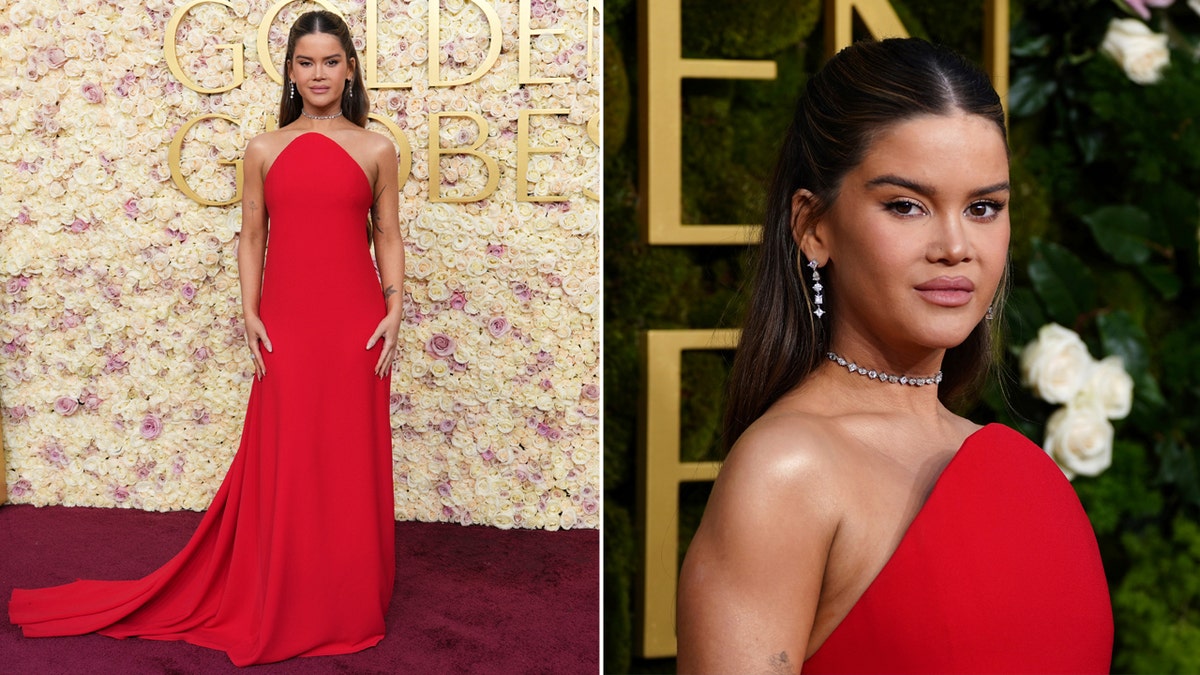 Maren Morris walked the red carpet as a first time Golden Globe nominee for her song, "Kiss the Sky" from the movie, "The Wild Robot," in a red dress with a halter neckline.