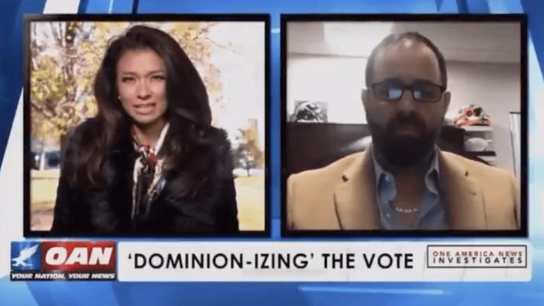 OAN correspondent Chanel Rion is shown in episode of "Dominion-izing the Vote" with conspiracist Joseph Oltmann.