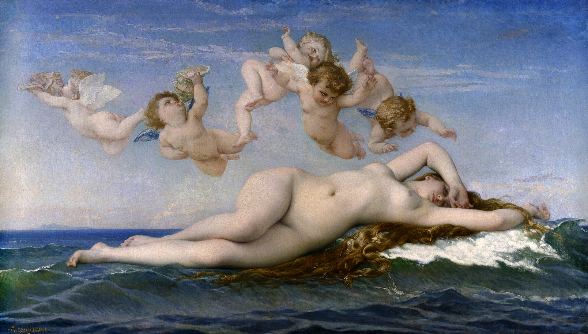 A classical painting showing a naked Venus lying on ocean waves, attended by a group of naked cherubs. 