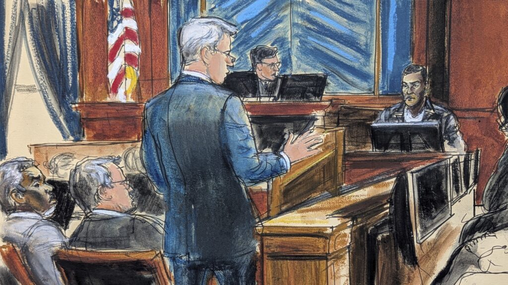 Defense attorney Brian Steel, center, cross-examines Kid Cudi as Sean 'Diddy' Combs, far left, looks on during Combs's sex-trafficking and racketeering trial in Manhattan federal court, May 22, 2025.